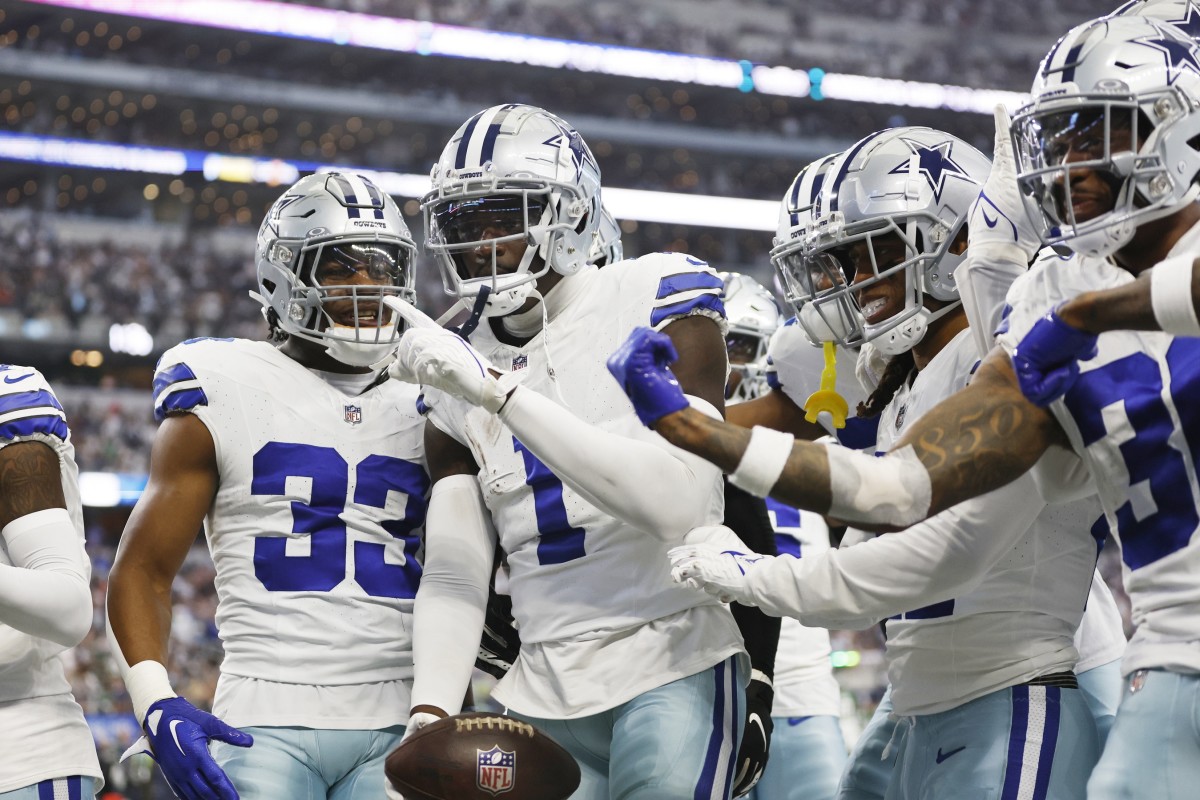 Sep 17, 2023; Arlington, Texas, USA; Dallas Cowboys safety Jayron Kearse (1) celebrates making an interception along with his teammates in the fourth quarter against the New York Jets at AT&T Stadium.